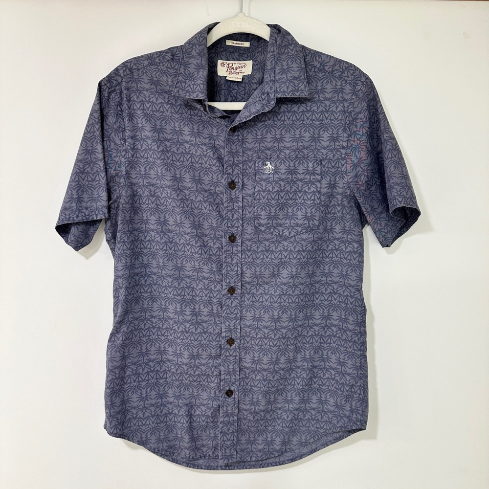Original Penguin Palm Print Button Down Shirt Mens Small Blue Short Sleeve